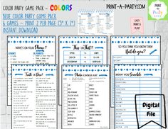 the color party game pack includes 4 games and 2 printable sheets for each player