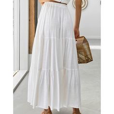 White Cotton Blend Swing Maxi Skirt with Pockets High Waist Solid Color Skirt For Vacation, White Non-stretch Skirt For Day Out, White Non-stretch Maxi Skirt For Vacation, White Non-stretch Beach Skirt, Beach Maxi Tiered Skirt In Solid Color, Beach Tiered Maxi Skirt In Solid Color, White Wide Leg Skirt For Vacation, White High Waist Maxi Skirt For Day Out, Garden Outfit