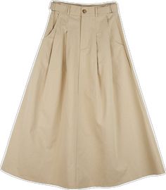 Casual Full-length Beige Skirt, Full-length Solid Cotton Skirt, Full Length Solid Color Cotton Skirt, Full Length Solid Cotton Skirt, Solid Cotton School Skirt, Casual Beige School Skirt, Solid School Skirt With Pockets, Beige Cotton School Bottoms, Beige Cotton Bottoms For School