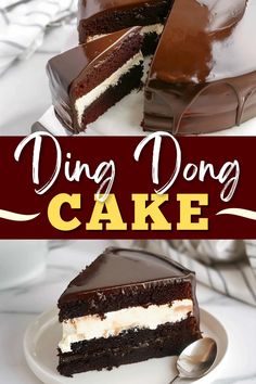 a chocolate cake with white frosting on top and the words, ding dong cake above it