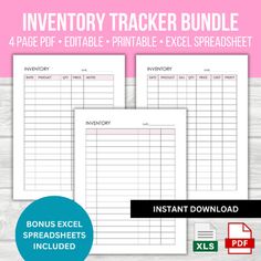 the printable inventory tracker bundle includes 4 pages and an excel spreadsheet for each item