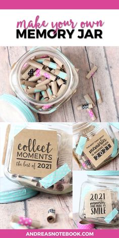 a jar filled with lots of different items and the words make your own memory jar