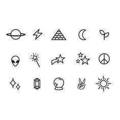 the icons are drawn in black and white, including stars, moon, sun, earth, and other things