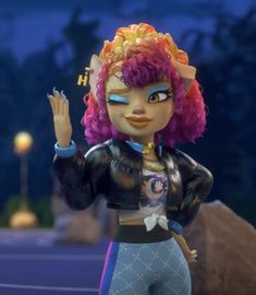 a cartoon character with pink hair and blue pants holding her hand up in the air