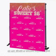 a pink and gold glitter sweet 16 birthday sign on a black stand with the words cake's sweet 16 printed on it