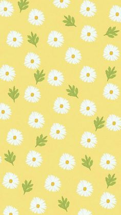 a yellow background with white daisies and green leaves