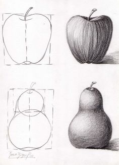 an apple, pear and circle are shown in this drawing lesson for beginners to learn how to draw