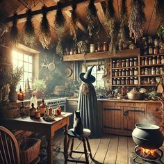 an old fashioned kitchen with lots of pots and pans on the wall, including a witch's hat