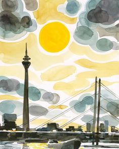 a watercolor painting of a city skyline with the sun in the sky and clouds