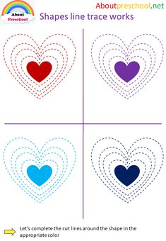 four hearts cut out to make shapes for children's crafts, including the shape and color