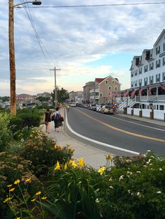 two people walking down the sidewalk in front of some buildings and flowers on either side of the street