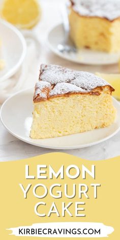 a lemon yogurt cake on a plate with the words, lemon yogurt cake