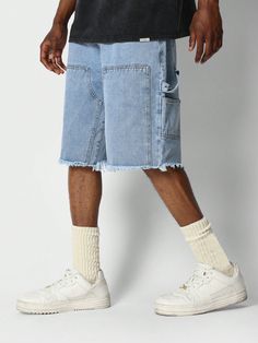 Denim Short With Carpenter Pocket Details Blue    Denim Plain Bermuda Non-Stretch  Men Clothing, size features are:Bust: ,Length: ,Sleeve Length: Satin Pj Set, Mens Denim Shorts, Short Denim, Lingerie Accessories, Streetwear Men Outfits, Denim Short, Shorts Jeans, Short En Jean, Men Clothing