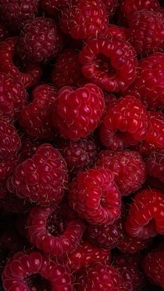 many raspberries are piled up together