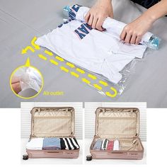 an open suitcase with clothes in it on the floor and two pictures showing how to fold