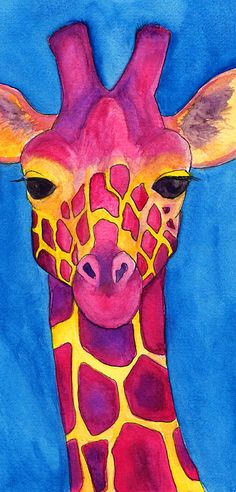 a painting of a giraffe's face on a blue background