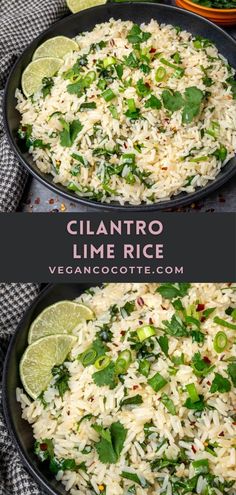 two black pans filled with rice and cilantro garnished with lime