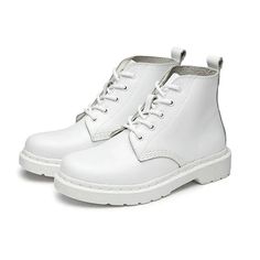 Step out in style with our Leather Doc Ankle Boots! Perfect for adding a rugged edge to your beach look. #AnkleBoots #LeatherBoots #BeachStyle #FashionEssentials #StylishComfort #FootwearFashion #BeachReady Trendy White Martin Boots With Flat Heel, Trendy White Martin Boots With Round Toe, Casual Martin Boots With Leather Sole, Casual White High-top Martin Boots, Trendy Synthetic Lace-up Martin Boots, Casual Chelsea Boots With Leather Sole And Flat Heel, Trendy Faux Leather Booties With Round Toe, Casual Chelsea Boots With Flat Leather Sole, High-top Faux Leather Boots With Leather Sole