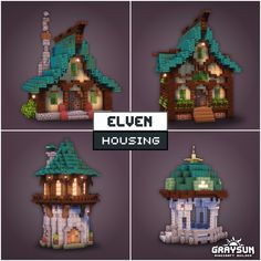 four different houses made out of legos with the words elven housing on them