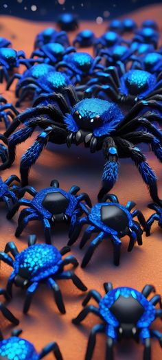 a group of blue and black spider figurines