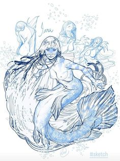 a drawing of a mermaid sitting on top of a wave with other mermaids in the background