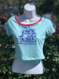 Retro Fitted Cotton Tops, Fitted Retro Cotton Tops, Fun Fitted Crew Neck Top, Spring Band Merch Fitted Tops, Unisex Fun Tops For Streetwear, Fun Cotton Tops With Screen Print, Fitted Fun Cotton Tops, Fitted Cotton Fun Tops, Fun Fitted Cotton Tops