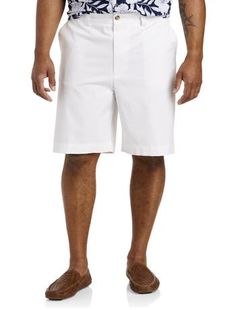 An updated version of our best-selling chino shorts, now available in your choice of two inseam lengths. Crafted in soft cotton twill, these loose-fit shorts feature a touch of spandex for ease and range of motion. The waist-relaxer waistband stretches up to four inches to provide a proper fit. Side and back pockets help secure your valuables so you can relax in easy-to-wear style. Plus, they're a style you'll only find here at DXL in proper proportions and a flattering fit for Big and Tall guys White Relaxed Fit Cotton Bermuda Shorts, White Bermuda Cotton Bottoms, Classic White Cotton Bermuda Shorts, White Cotton Bermuda Shorts, Casual Cotton Bottoms For Big And Tall, Classic Relaxed Fit Bermuda Shorts In Solid Color, Cotton Bermuda Shorts With Short Inseam, Casual Big And Tall Short Bottoms, Big And Tall Summer Shorts With Pockets