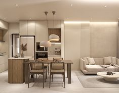 a modern living room and dining area with white couches, beige tables and chairs