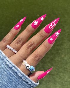 Barbie Pink Nails With Design, Dallas Nails, Neon Pink Nails, Makeup Illustration, Pink Nail Colors, Milky Pink, Long Stiletto