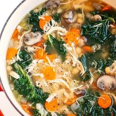 a pot full of soup with carrots, spinach and mushrooms