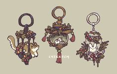 three different key chains with animals and flowers hanging from it's sides, one in the shape of a birdcage