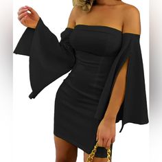 Lovely Black Bodycon Strapless Dress With Trumpet Sleeves. Strapless Fitted Mini Dress For Fall, Strapless Mini Dress For Fall Night Out, Strapless Evening Mini Dress For Fall, Strapless Mini Dress For Evening In Fall, Chic Fitted Strapless Dress For Going Out, Sleek Off-shoulder Bodycon Dress For Night Out, Sleek Black Off-shoulder Bodycon Dress, Chic Strapless Mini Dress For Fall, Elegant Black Strapless Dress For Going Out