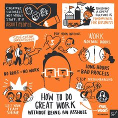 an orange poster with black and white writing on it that says how to do great work without being an astounding person