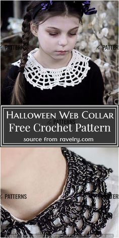 a girl wearing a black and white crochet necklace with the text halloween web collar free crochet pattern