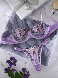 Purple Lingerie Set Butterfly Embroidered Sexy Underwear Contemporary Dresses, Feel Confident