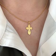 Discover the timeless elegance of the 14k gold cross necklace featuring the iconic St. Olga Orthodox design. Handcrafted by a master jeweler, this 14 karat gold cross necklace is 30% thicker than the industry standard, ensuring durability and quality. The reverse side is engraved with “Спаси и Сохрани” (Save & Protect). Measuring 1.25 inches in length, it’s the perfect 14k gold cross pendant for baptisms or as a meaningful gift. Free gift box and priority shipping available. Solid 14k Yellow Gol Yellow Gold Crucifix Necklace Tarnish Resistant, Yellow Gold Tarnish-resistant Crucifix Necklace, Tarnish Resistant Yellow Gold Crucifix Necklace, Tarnish-resistant Yellow Gold Cross Necklace, Orthodox Cross Necklace, Orthodox Cross, Russian Orthodox, Gold Cross Necklace, Gold Cross Pendant