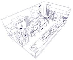 an architectural drawing of a kitchen and living room in one point perspective, with all the appliances visible