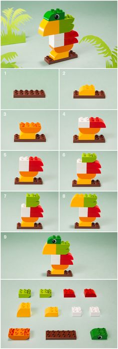 the instructions for how to make a lego boat in different colors and sizes, including red, orange, yellow, green