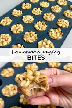 homemade payay bites are being held up in front of a muffin tin with the words, homemade payay bites on it