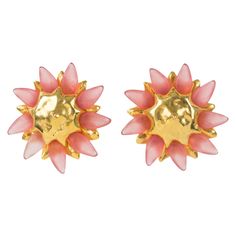 These exquisite Alexis Lahellec Paris resin clip-on earrings feature a flower-shaped gilt metal-coated resin framing topped with powder pink flower petals. Each piece is signed on the underside with the brand logo and under fastenings: "Alexis Lahellec - Paris," along with "Yaron" engraving. Measurements: 2.25 in diameter (5.7 cm). Pink Flower Petals, Emerald Diamond Earrings, Platinum Earrings, French Jewelry, Retro Earring, Resin Flowers, Flower Clip, Emerald Earrings, Antique Earrings