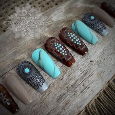 Western Nail Art Turquoise, Nails With Turquoise, Beaded Nails, Boho Western Nails, Western Nail Art, Bohemian Nails, Cowboy Nails, Western Nails, Fab Nails