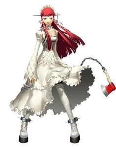 an anime character with red hair and white dress