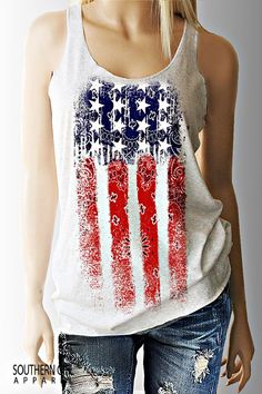 Bandana American Flag Racerback Tank Top for Women.  #southerngirlapparel #flagshirts #flagtanks #americanflag #flag #flagtanktop #tanktops  #womenstanktops #tanktopwomen #countrytanks #countryshirts #country Bandana Tank Top, Patriotic Clothing, American Flag Tank Top, Country Clothing, Patriotic Outfit, Tank Top For Women, Southern Shirts, 4th Of July Outfits, Southern Girl