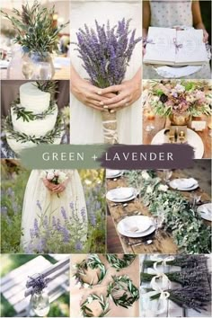 a collage of photos with lavender and greenery