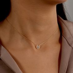 0.10 TCW Round Moissanite Tiny Horseshoe Necklace - crownmoissanite Horseshoe Necklace, Round Moissanite, Chain Lengths, Chain Length, Types Of Metal, Round Cut, Gold Metal, Solid Gold, Fine Jewelry