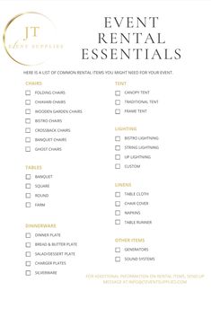 the event rental checklist is shown in gold and white