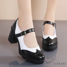 Lasaky - Chic Vintage High Heel Casual Shoes with Breathable Chunky Heels and Buckle Strap 50s Heels, Vintage High Heels, Mary Jane Platform Shoes, Rough Heels, Black Chunky Heels, Casual High Heels, Platform Mary Janes, Chic Vintage, Vintage Casual