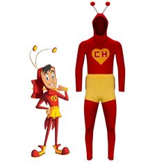 a cartoon character is standing next to an adult figure wearing a red and yellow costume