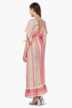 Pure cotton all over stripe Maxi Length Dress Relaxed Kaftaan Sleeves V- neck and Drawstring Necktie Elasticated empire neckline waist and a Line silhouette Bottom Ruffle Hemline The Fluorescent Striped Maxi Dress is a vibrant and versatile piece that exudes effortless summer style. Crafted from pure cotton, this maxi dress features an all-over stripe pattern in eye-catching fluorescent hues, adding a playful pop of color to your wardrobe. The relaxed fit silhouette ensures comfort and ease of m Bohemian Striped V-neck Maxi Dress, Striped Maxi Dress For Beach Cover-up, Striped V-neck Maxi Dress For Daywear, Striped Lined Beach Dresses, Striped V-neck Maxi Dress For Vacation, Bohemian Striped Maxi Dress For Beach Cover-up, Bohemian Striped Maxi Dress For Beach, Striped Maxi Dress As Beach Cover-up, Striped V-neck Lined Dresses