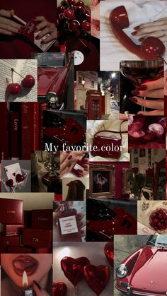 a collage of red and pink images with hearts, candles, perfumes and books